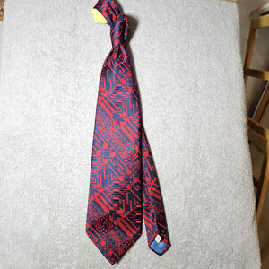 VTG Damon Men’s Silk Tie Red Navy Blue Bold Abstract Geometric Pattern Ornate